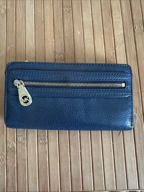 Michael Kors Navy Leather Zip-Around Wallet with Gold Hardware